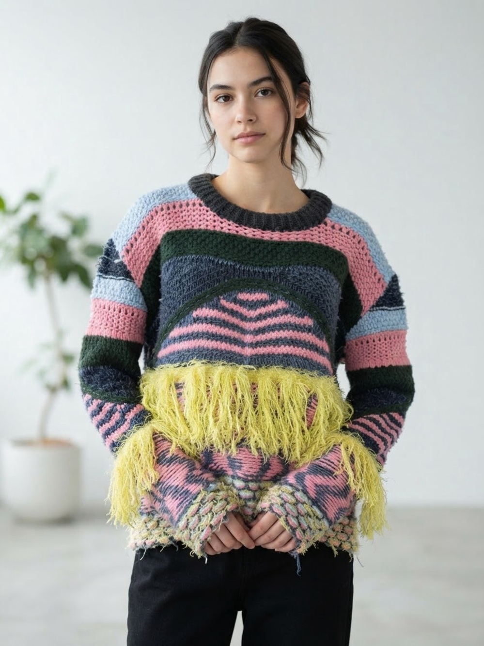 ZARA Maximalist Multicolor Fringed Jacquard Knit Sweater M
